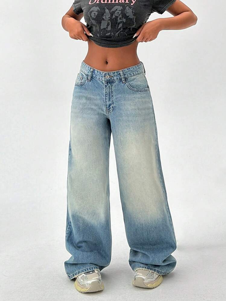 Soft Blue Tinted Wash Highwait Super Wide Leg Jeans
