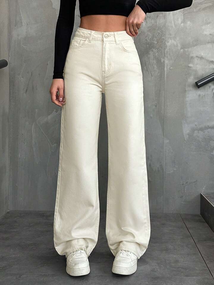 High Waist Cream Wide Leg Jeans