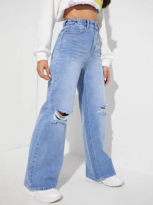 High Waist Ice Whisker Double Torn Wide Leg Jeans