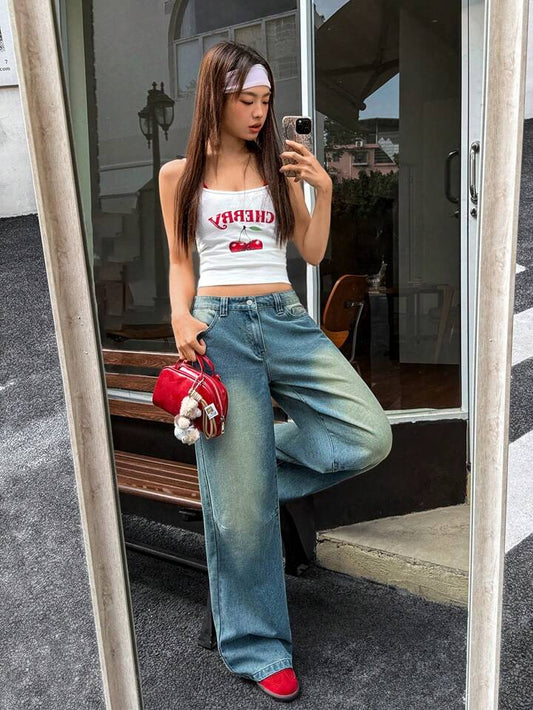 High Waist Wash Aqua Blue Wide Leg Jeans