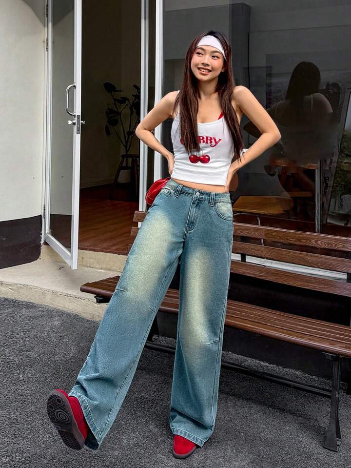 High Waist Wash Aqua Blue Wide Leg Jeans