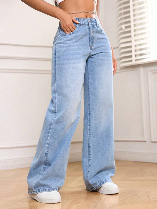 High Waist Ice Whisker Spray Wash Wide Leg Jeans