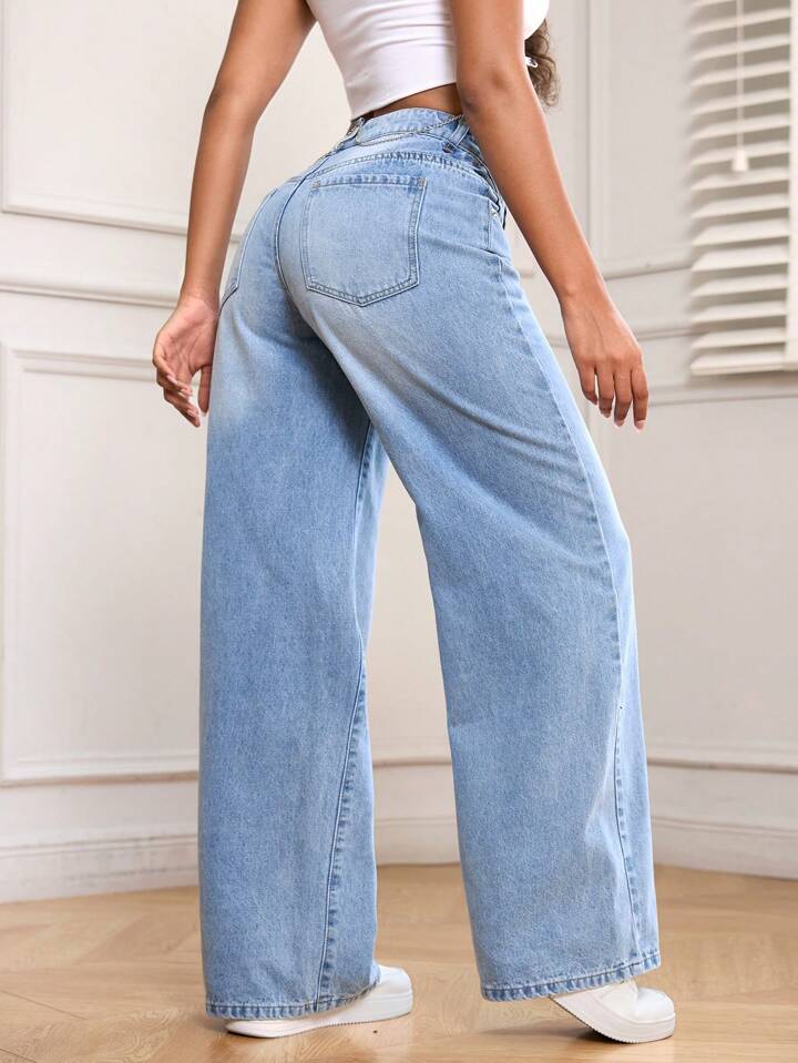 High Waist Ice Whisker Spray Wash Wide Leg Jeans