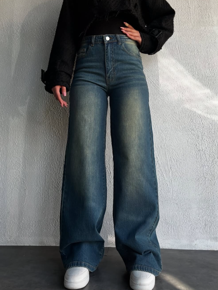 Vintage Whisker Wash High Waist Super Wide Leg Jeans