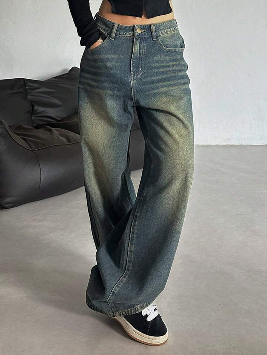 Greenish Vintage Whisker Wash High Waist Super Wide Leg Jeans - Fashion Wodrobe