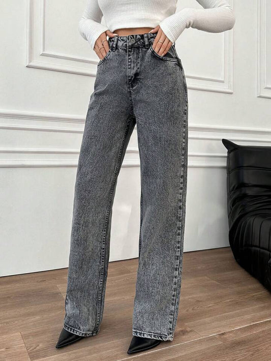 High waist cloud wash charcoal wide leg Jeans - Fashion Wodrobe
