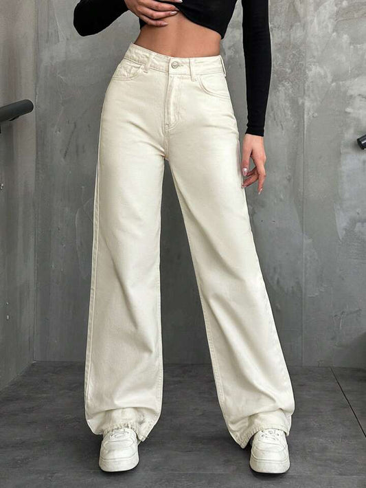 High Waist Cream Wide Leg Jeans - Fashion Wodrobe