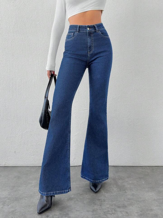 High Waist Stone Blue Boot Cut Jeans - Fashion Wodrobe