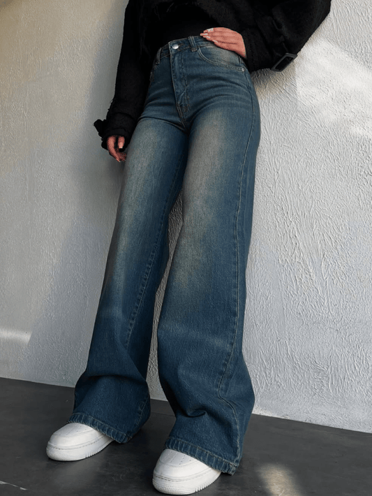 Vintage Whisker Wash High Waist Super Wide Leg Jeans - Fashion Wodrobe