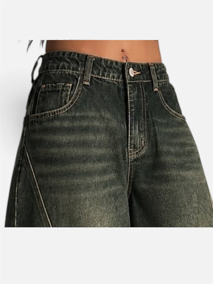 Dark Olive Vintage Wash Pannel Super Wide Leg Jeans