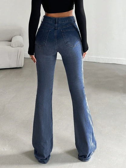 HighWaist Dark Blue Whisker Spray Boot Cut Jeans
