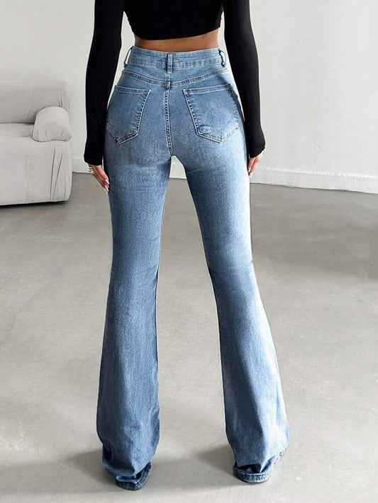 HighWaist Stone Blue Whisker Spray Boot Cut Jeans