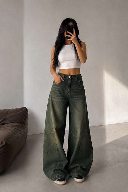 Dark Olive Vintage Wash Pannel Super Wide Leg Jeans