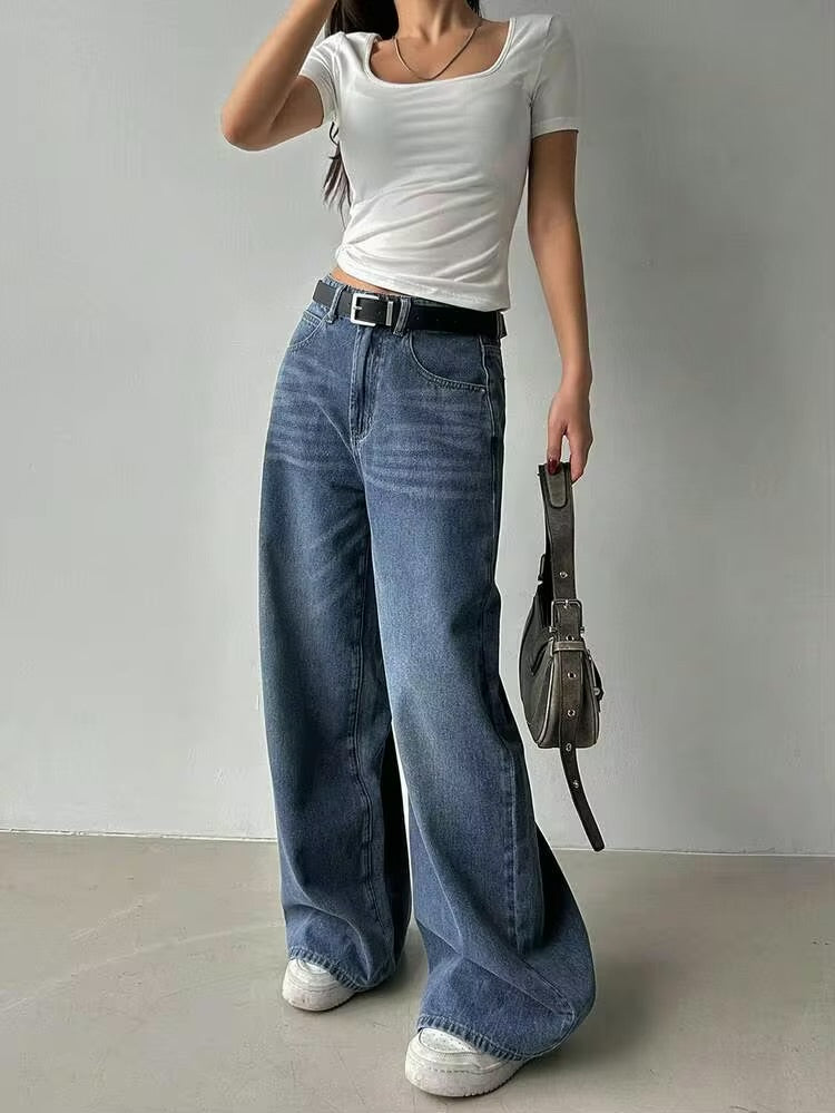 Nova Blue Whisker Wash Wide Leg Jeans
