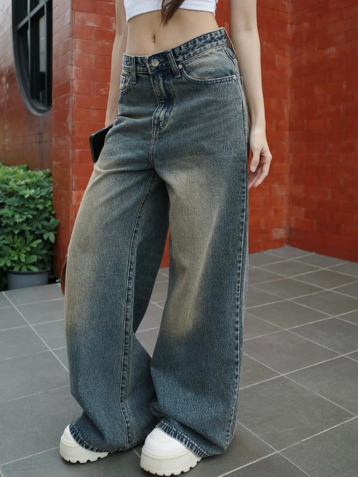 Aurora Blue Tint Washed Super Wide Leg Jeans