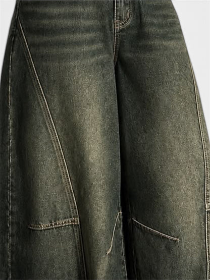 Dark Olive Vintage Wash Pannel Super Wide Leg Jeans