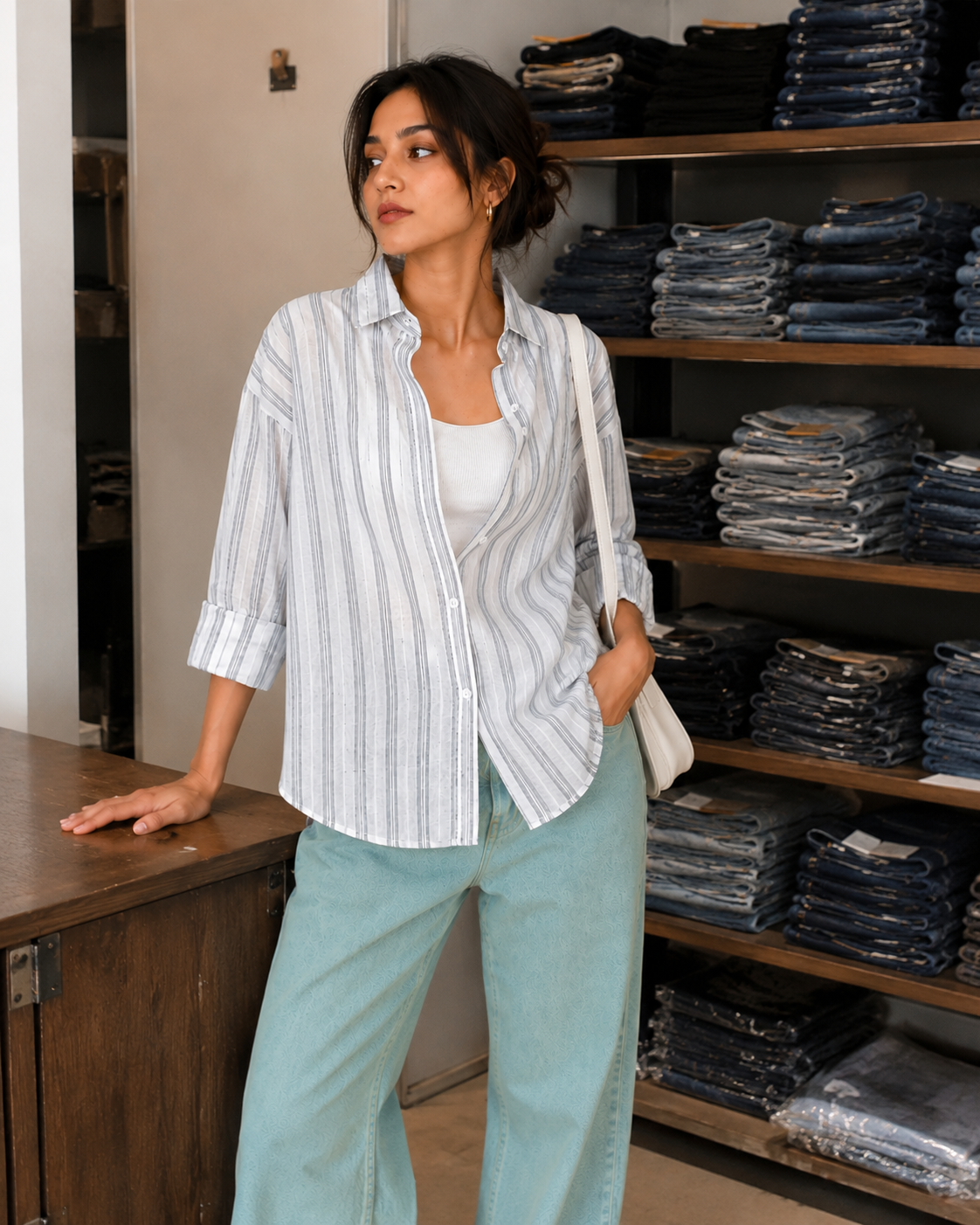 White Pinstripe Relaxed Shirt