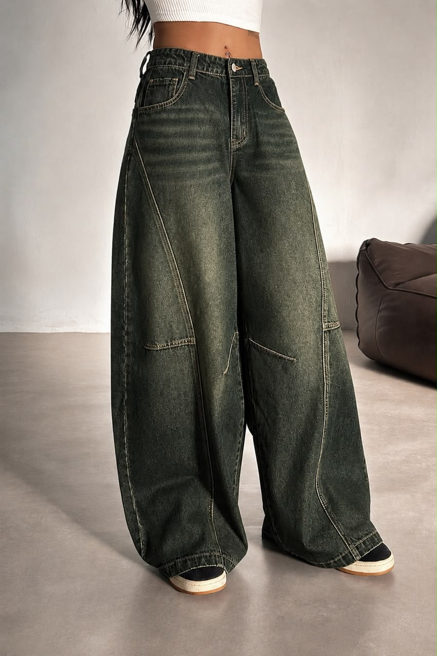 Dark Olive Vintage Wash Pannel Super Wide Leg Jeans