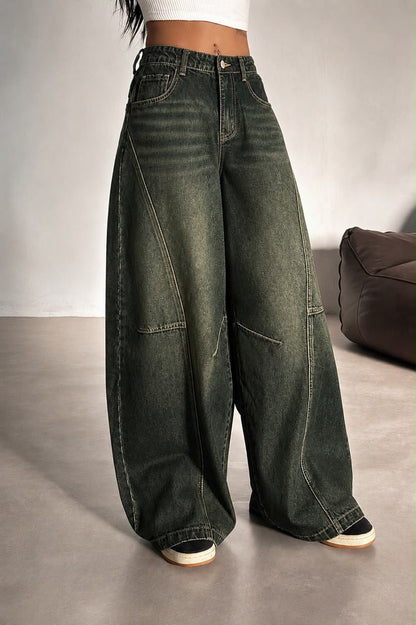 Dark Olive Vintage Wash Pannel Super Wide Leg Jeans