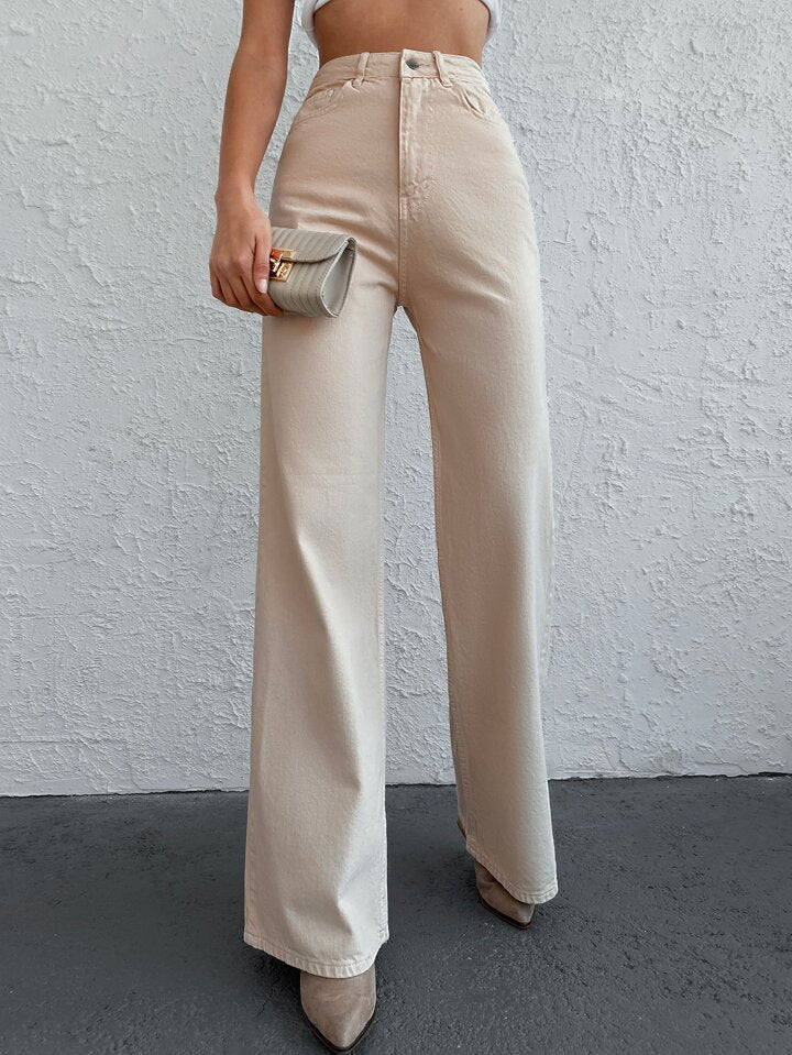 Beige High Waist Super Wide Leg Jeans