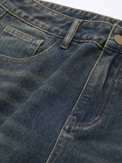 Greenish Vintage Whisker Wash High Waist Super Wide Leg Jeans