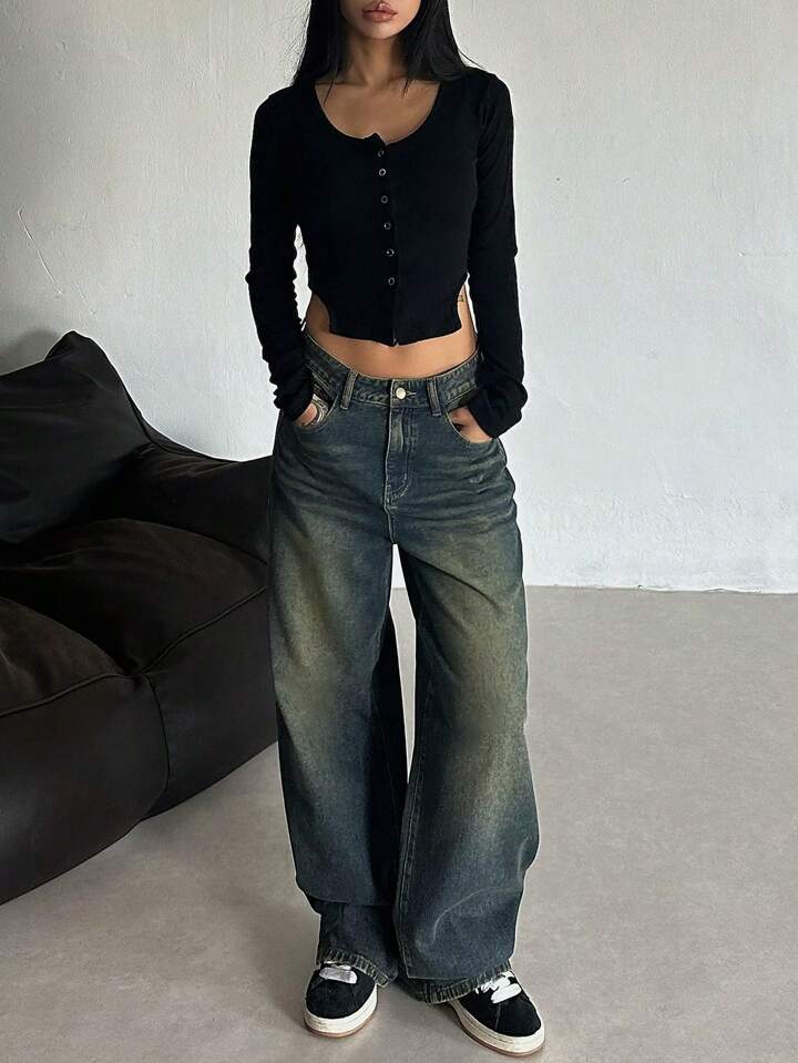 Greenish Vintage Whisker Wash High Waist Super Wide Leg Jeans