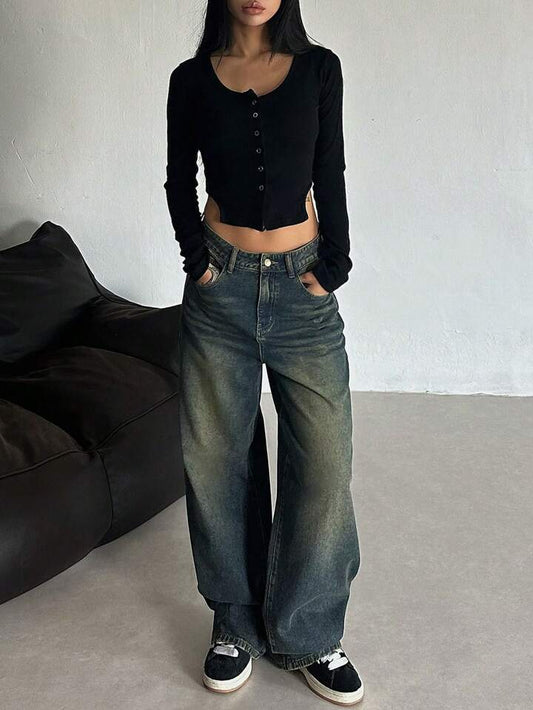 Greenish Vintage Whisker Wash High Waist Super Wide Leg Jeans