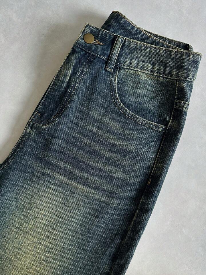 Greenish Vintage Whisker Wash High Waist Super Wide Leg Jeans