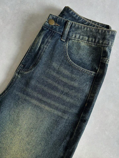 Greenish Vintage Whisker Wash High Waist Super Wide Leg Jeans