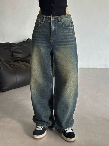 Greenish Vintage Whisker Wash High Waist Super Wide Leg Jeans