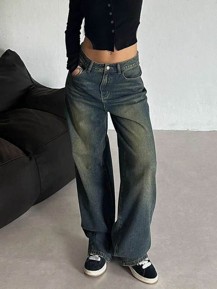 Greenish Vintage Whisker Wash High Waist Super Wide Leg Jeans