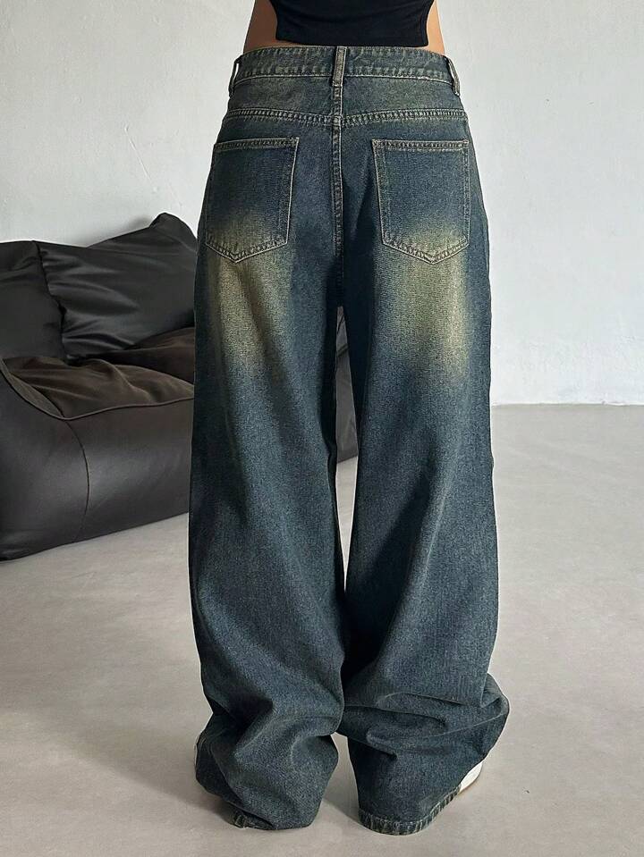 Greenish Vintage Whisker Wash High Waist Super Wide Leg Jeans