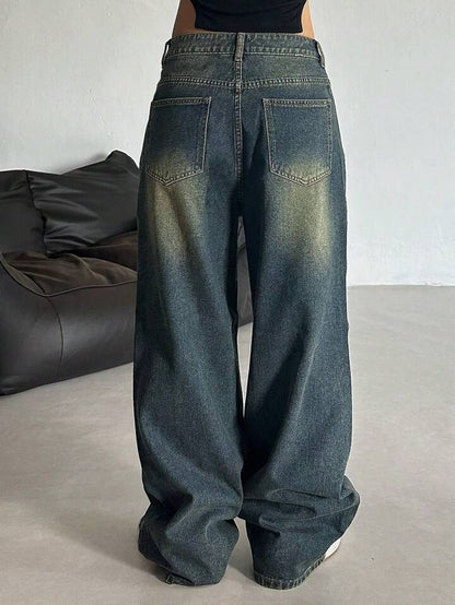 Greenish Vintage Whisker Wash High Waist Super Wide Leg Jeans