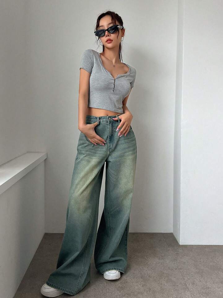 Coastal Blue Tinted HighWaist Super Wide Leg Jeans