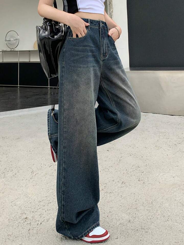 Premium Blue Vintage Wash Super Wide Leg Jeans