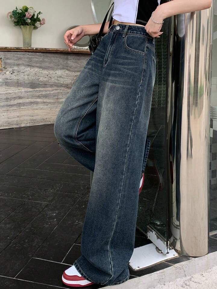 Premium Blue Vintage Wash Super Wide Leg Jeans