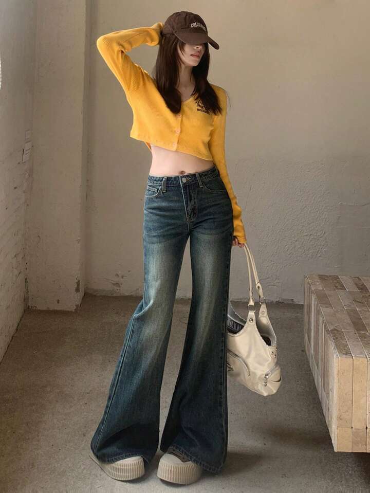 Vintage Whisker Wash High Waist Boot Cut Jeans