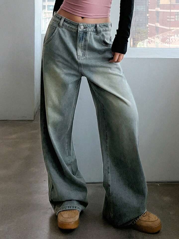 sea green retro spray wash ultra wide leg jeans