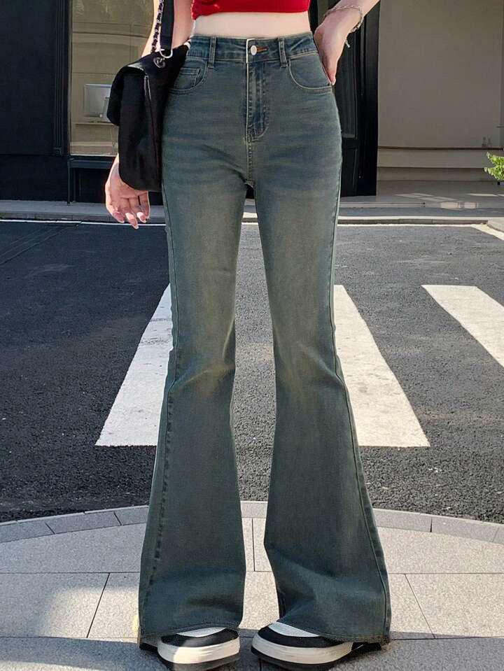 Sea Green Whisker Wash Highwaist Boot Cut Jeans