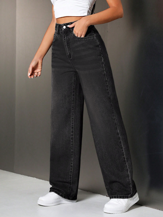 Smoked Black Whisker Wash Highwaist Wide Leg Jeans