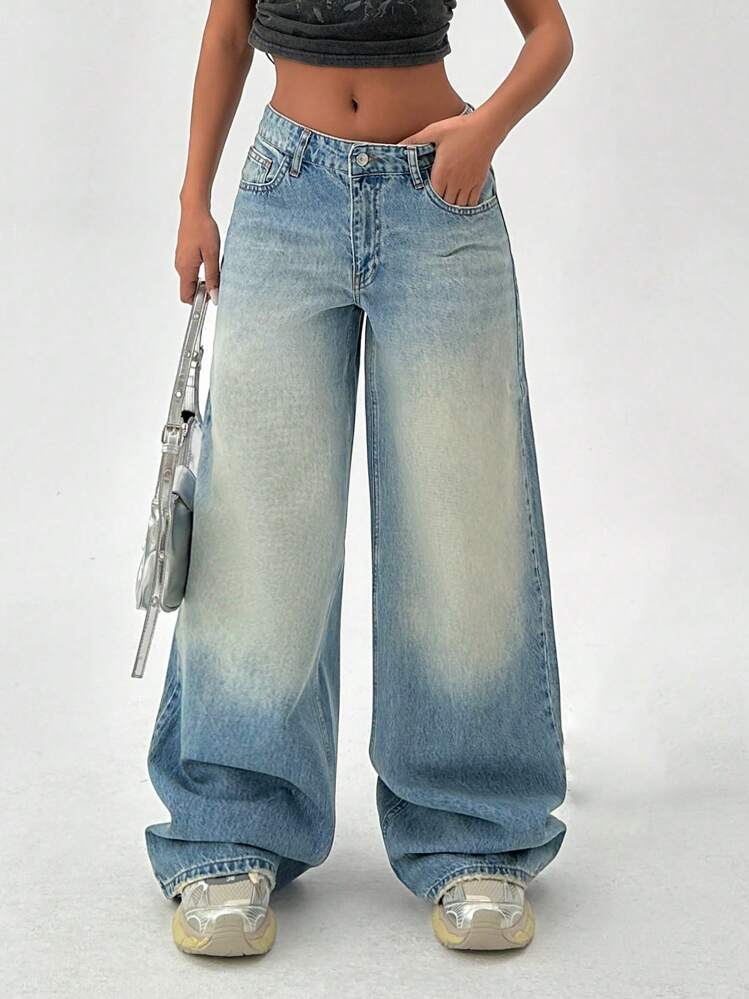 Soft Blue Tinted Wash Highwait Super Wide Leg Jeans