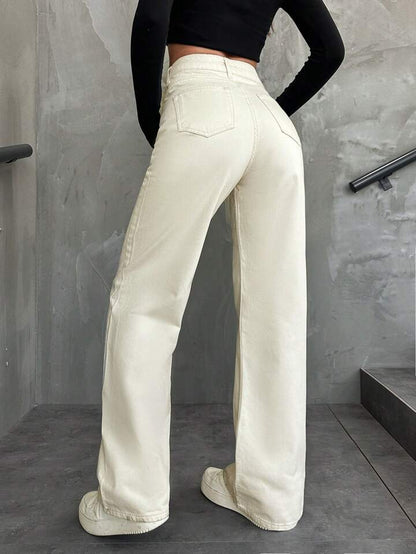 High Waist Cream Wide Leg Jeans