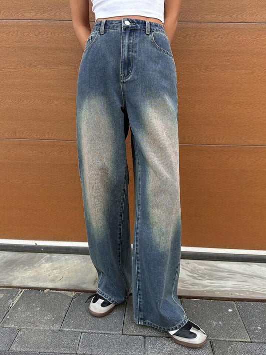 High Waist Dusty Spray Wash Wide Leg Jeans