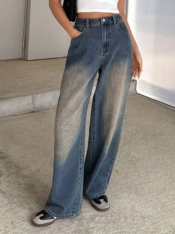 High Waist Dusty Spray Wash Wide Leg Jeans