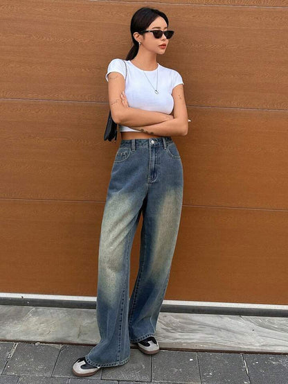 High Waist Dusty Spray Wash Wide Leg Jeans