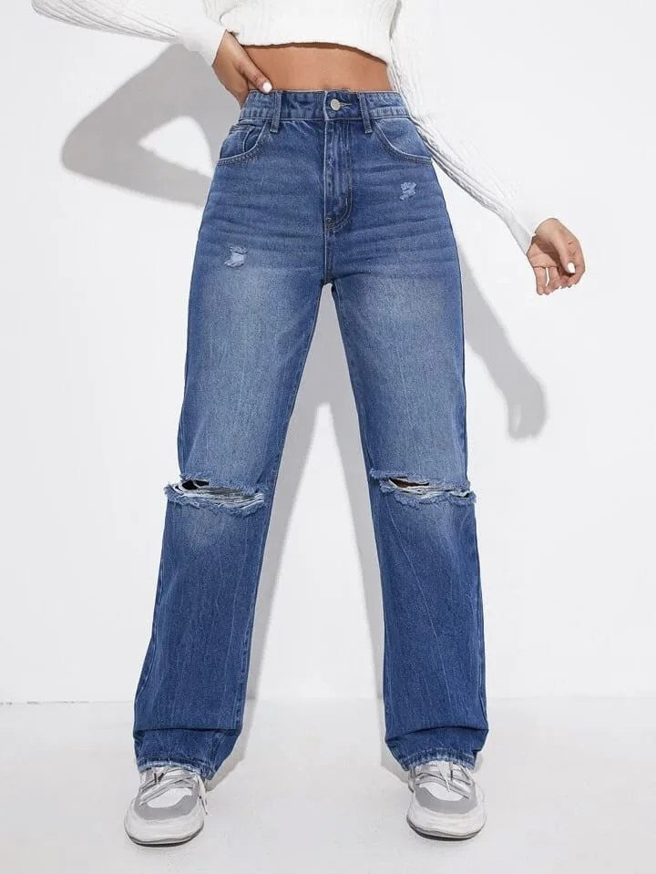 High Waist Stone Whisker Double Torn Wide Leg Jeans