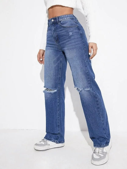High Waist Stone Whisker Double Torn Wide Leg Jeans