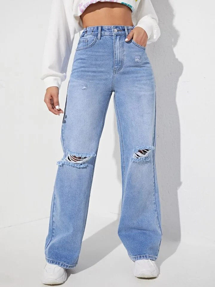 High Waist Ice Whisker Double Torn Wide Leg Jeans