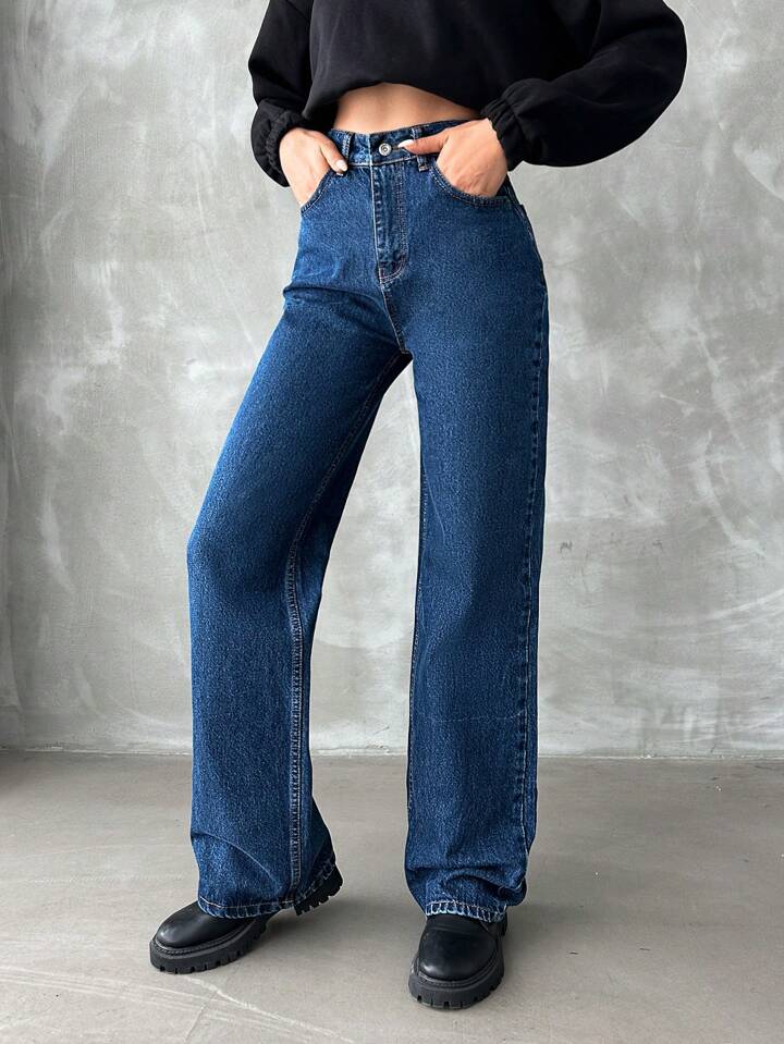 High Waist Dark Stone Blue Wide Leg Denim