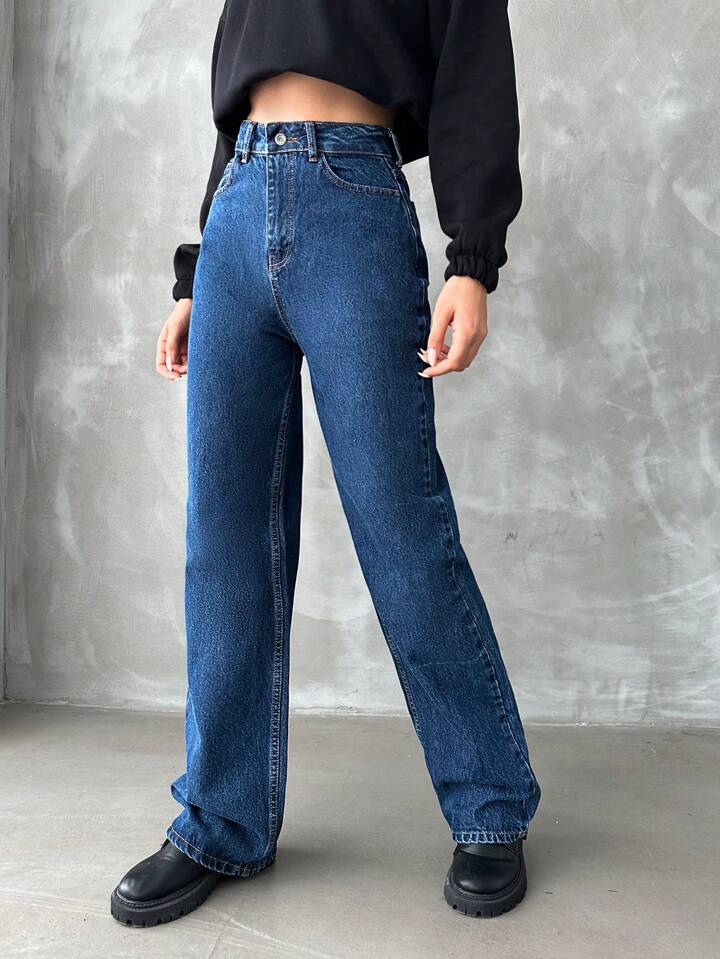 High Waist Dark Stone Blue Wide Leg Denim